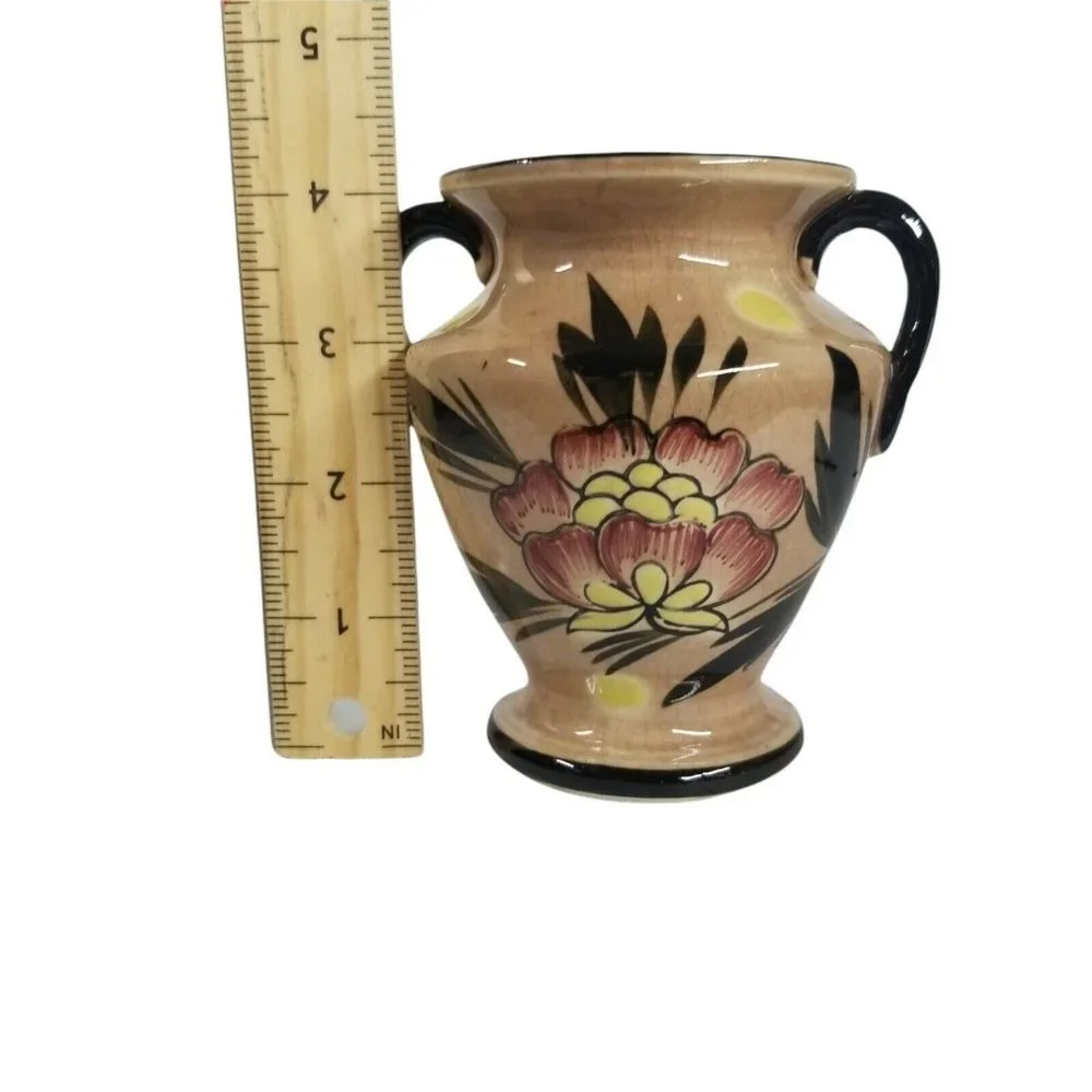 Vintage Double Handle Vase Made In Japan Flowers Floral Black Red Yellow Small